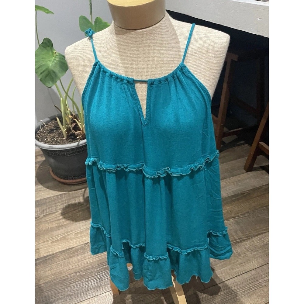 Jade Green Ruffle Strappy Tier Tank Viscose M Camisole Y2K Boho Festival